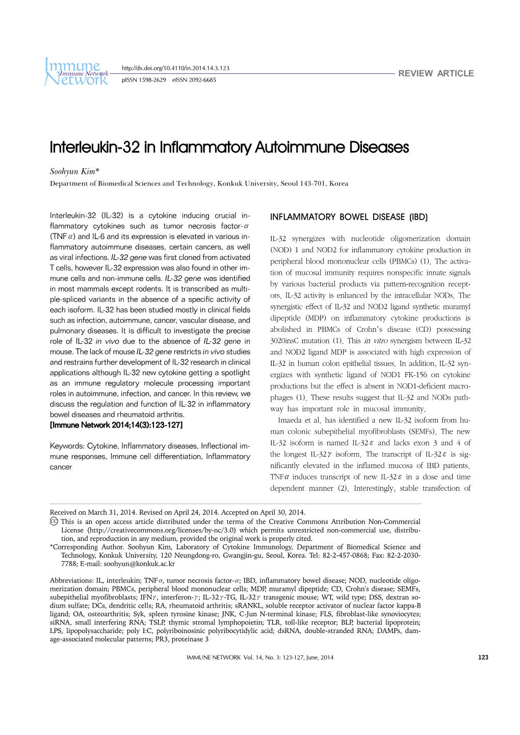 Interleukin-32 in Inflammatory Autoimmune Diseases