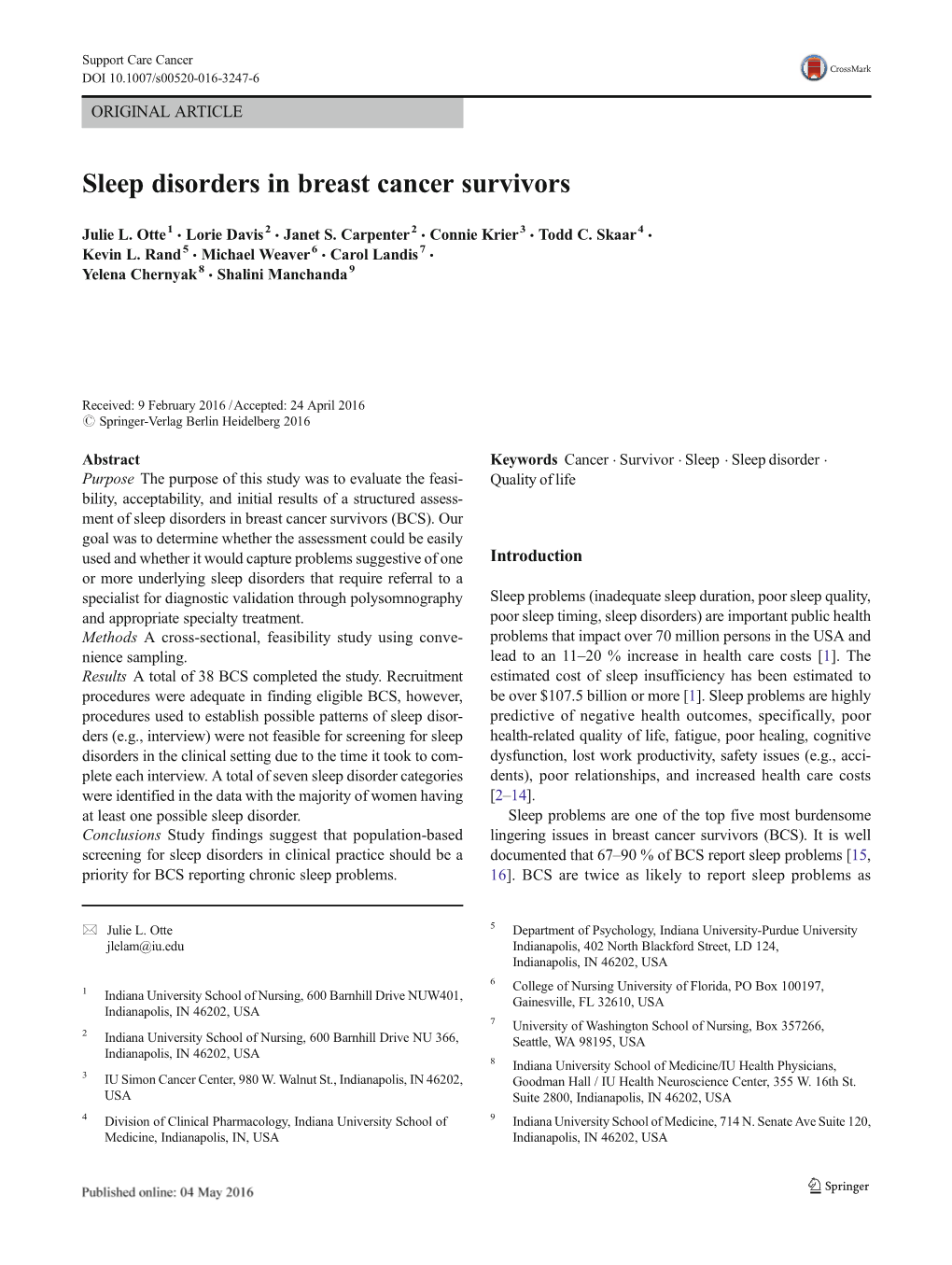 Sleep Disorders in Breast Cancer Survivors