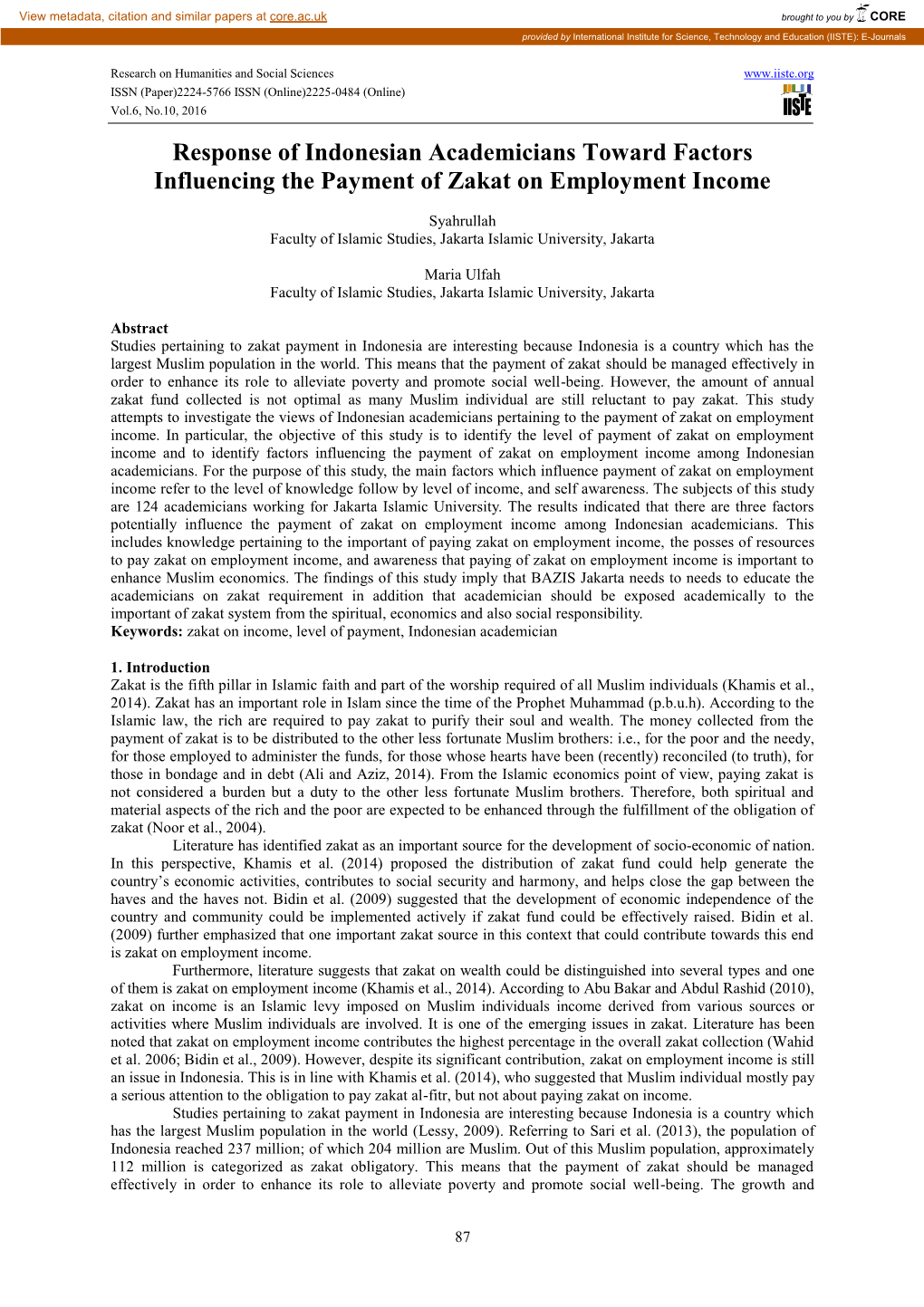 Response of Indonesian Academicians Toward Factors Influencing the Payment of Zakat on Employment Income