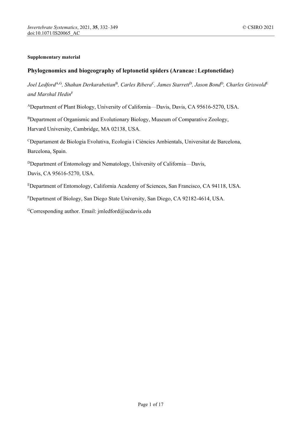 Phylogenomics and Biogeography of Leptonetid Spiders (Araneae : Leptonetidae)