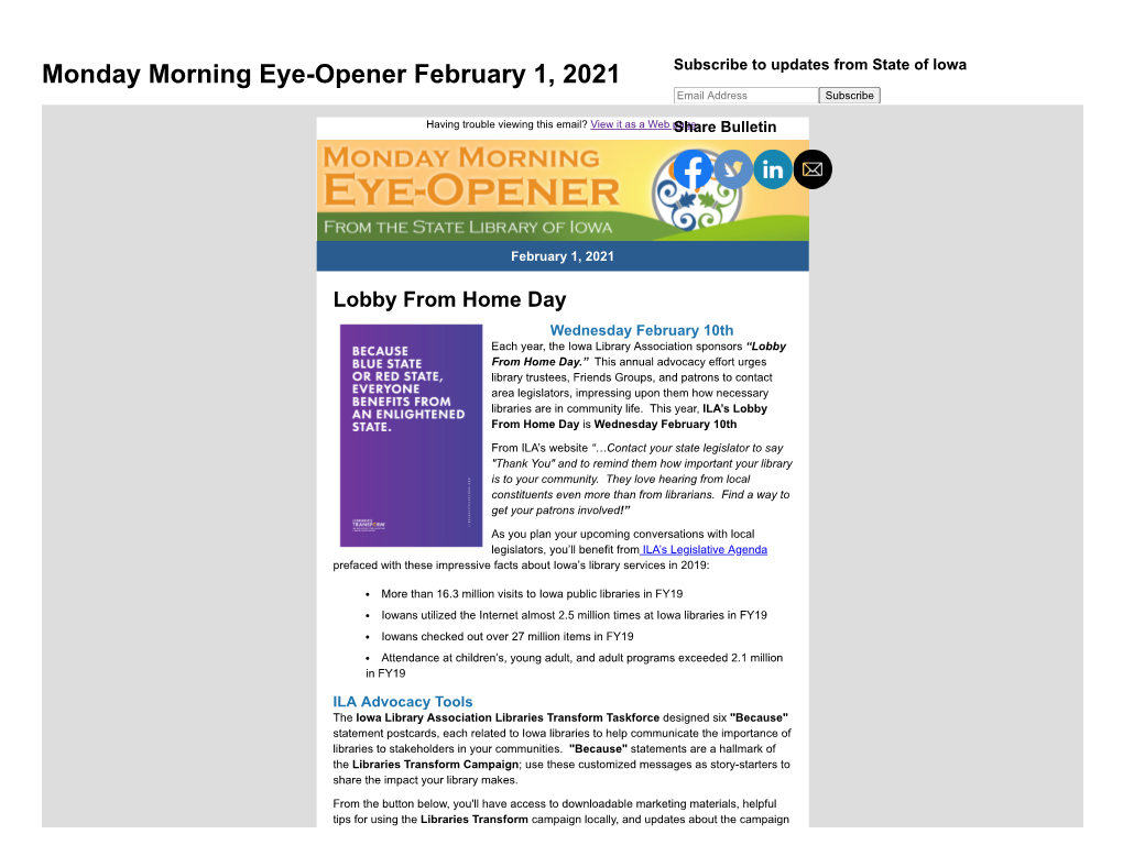 Monday Morning Eye-Opener February 1, 2021 Subscribe to Updates from State of Iowa Email Address Subscribe