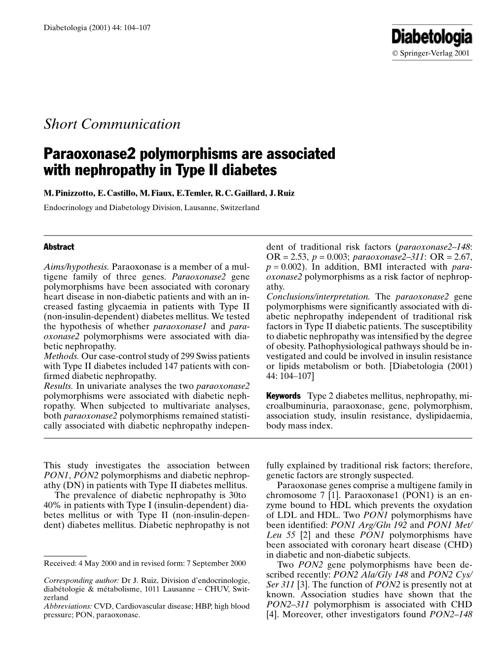 Paraoxonase2 Polymorphisms Are Associated with Nephropathy in Type II Diabetes