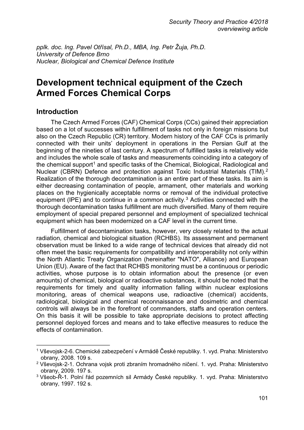 Development Technical Equipment of the Czech Armed Forces Chemical Corps