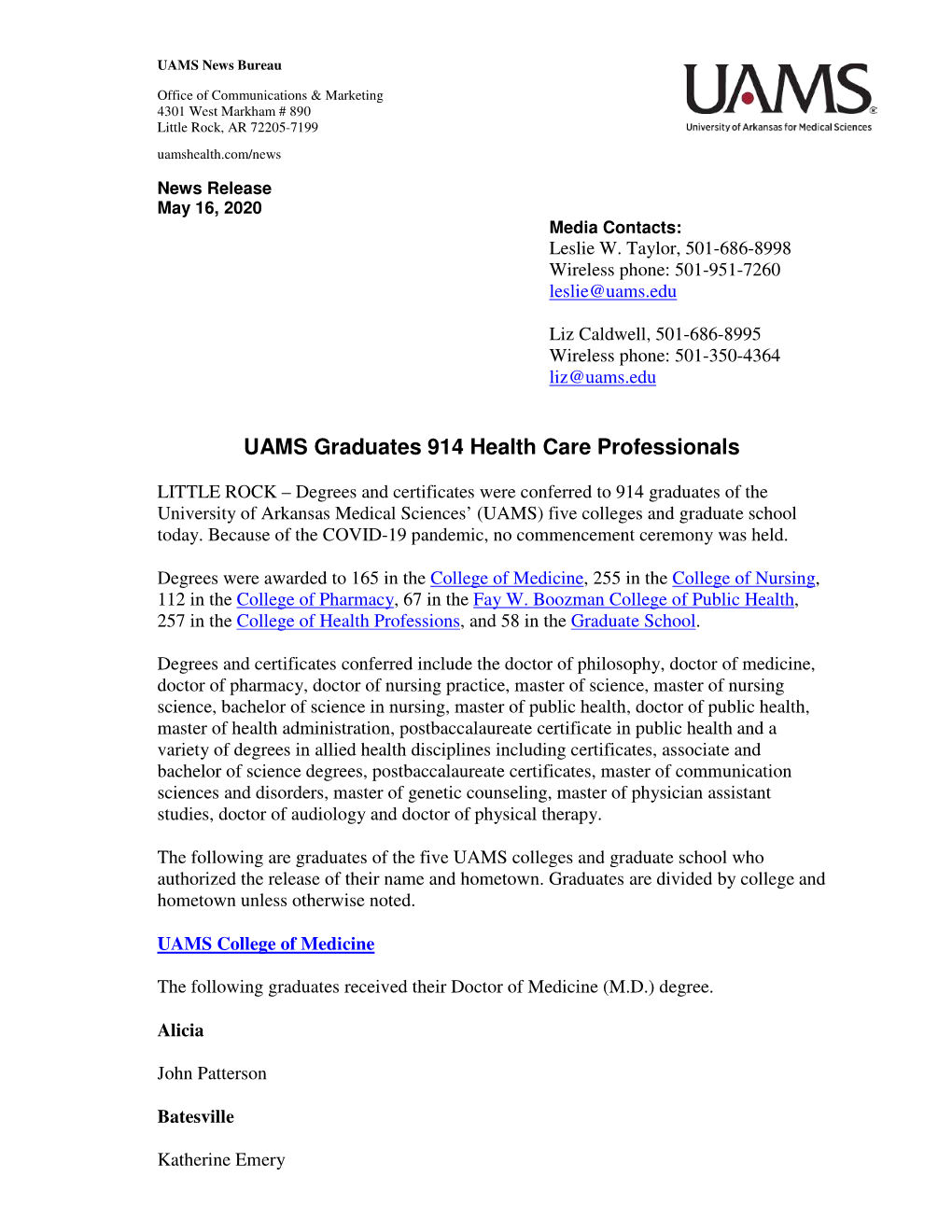 UAMS Graduates 914 Health Care Professionals