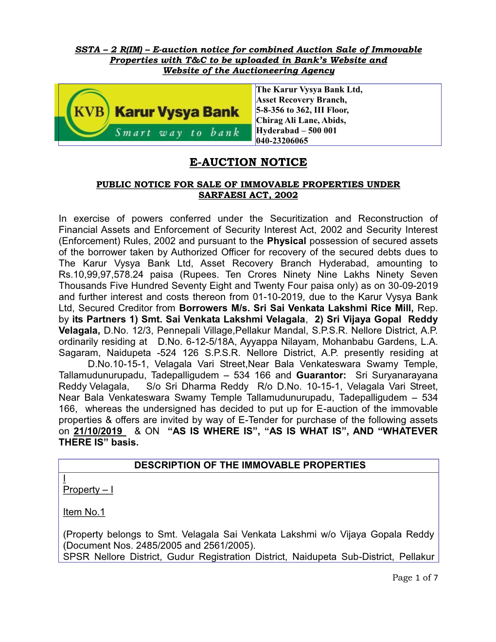 E-Auction Notice for Combined Auction Sale of Immovable Properties with T&C to Be Uploaded in Bank’S Website and Website of the Auctioneering Agency