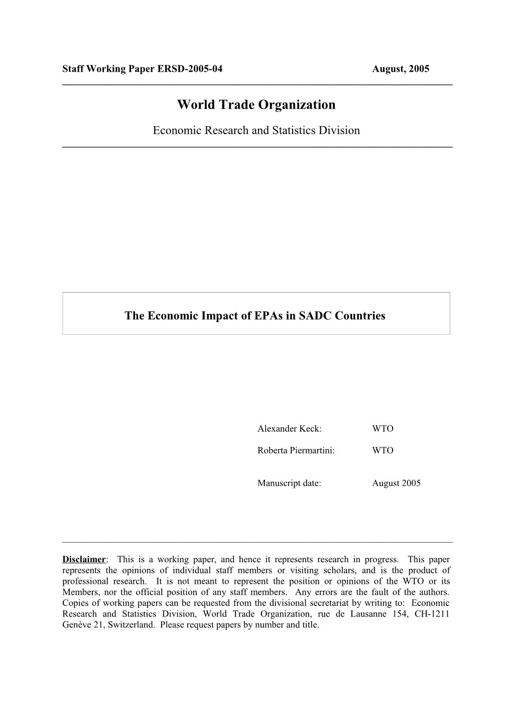 The Economic Impacts Of Epas In SADC Countries