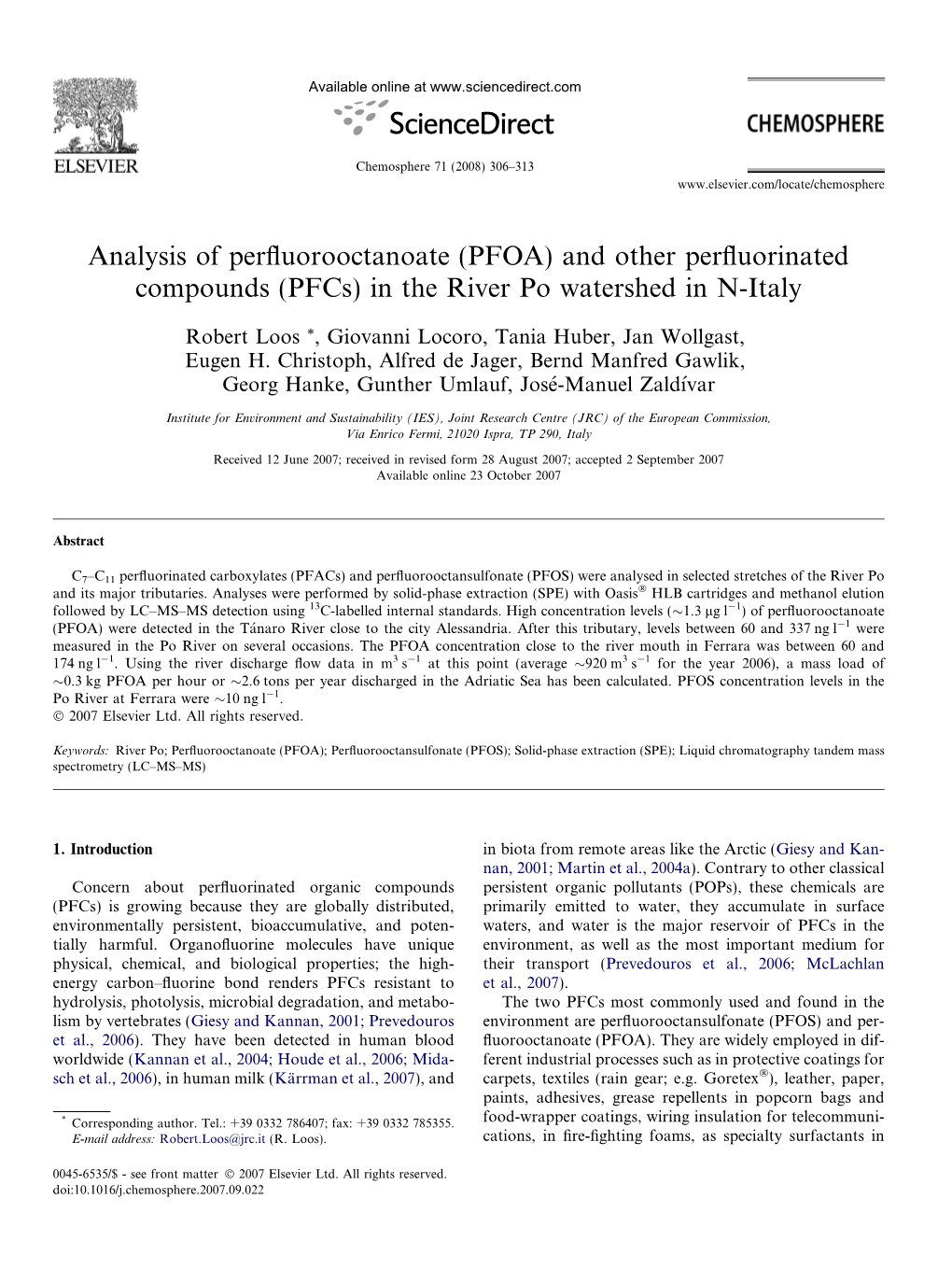 (PFOA) and Other Perfluorinated Compounds (Pfcs) in the River Po