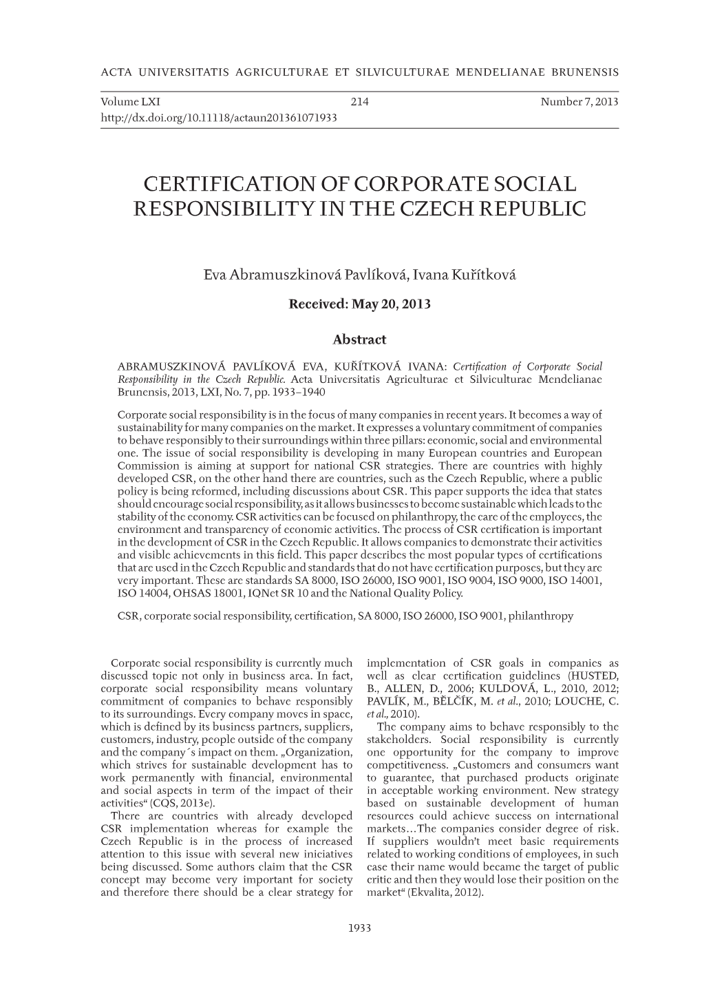 Certification of Corporate Social Responsibility in the Czech Republic