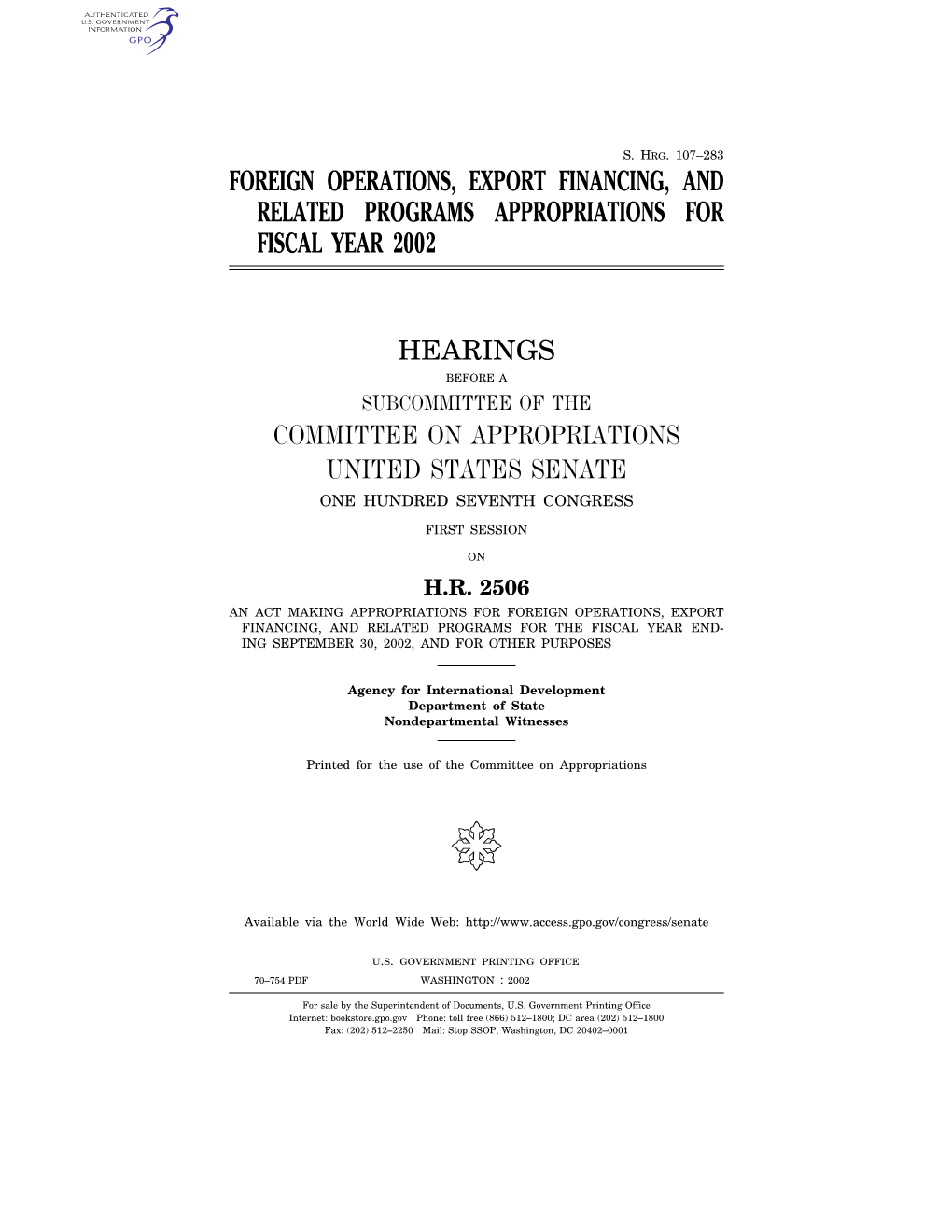 Foreign Operations, Export Financing, and Related Programs Appropriations for Fiscal Year 2002