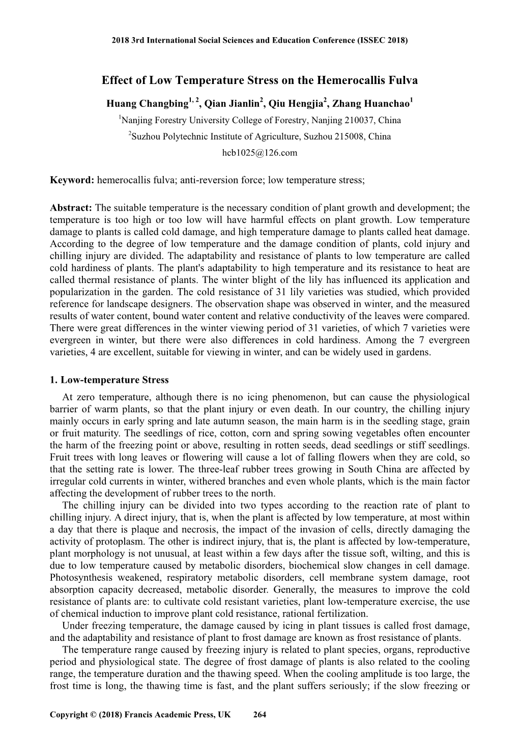 Effect of Low Temperature Stress on the Hemerocallis Fulva