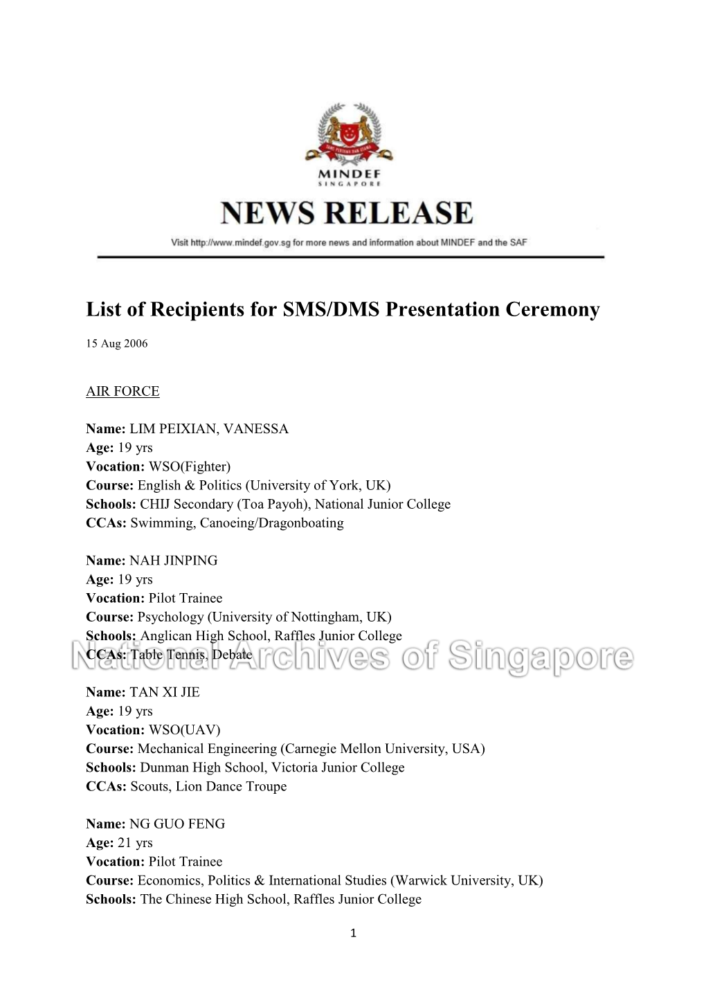 List of Recipients for SMS/DMS Presentation Ceremony
