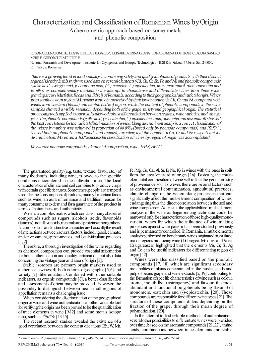 Characterization and Classification of Romanian Wines by Origin a Chemometric Approach Based on Some Metals and Phenolic Composition