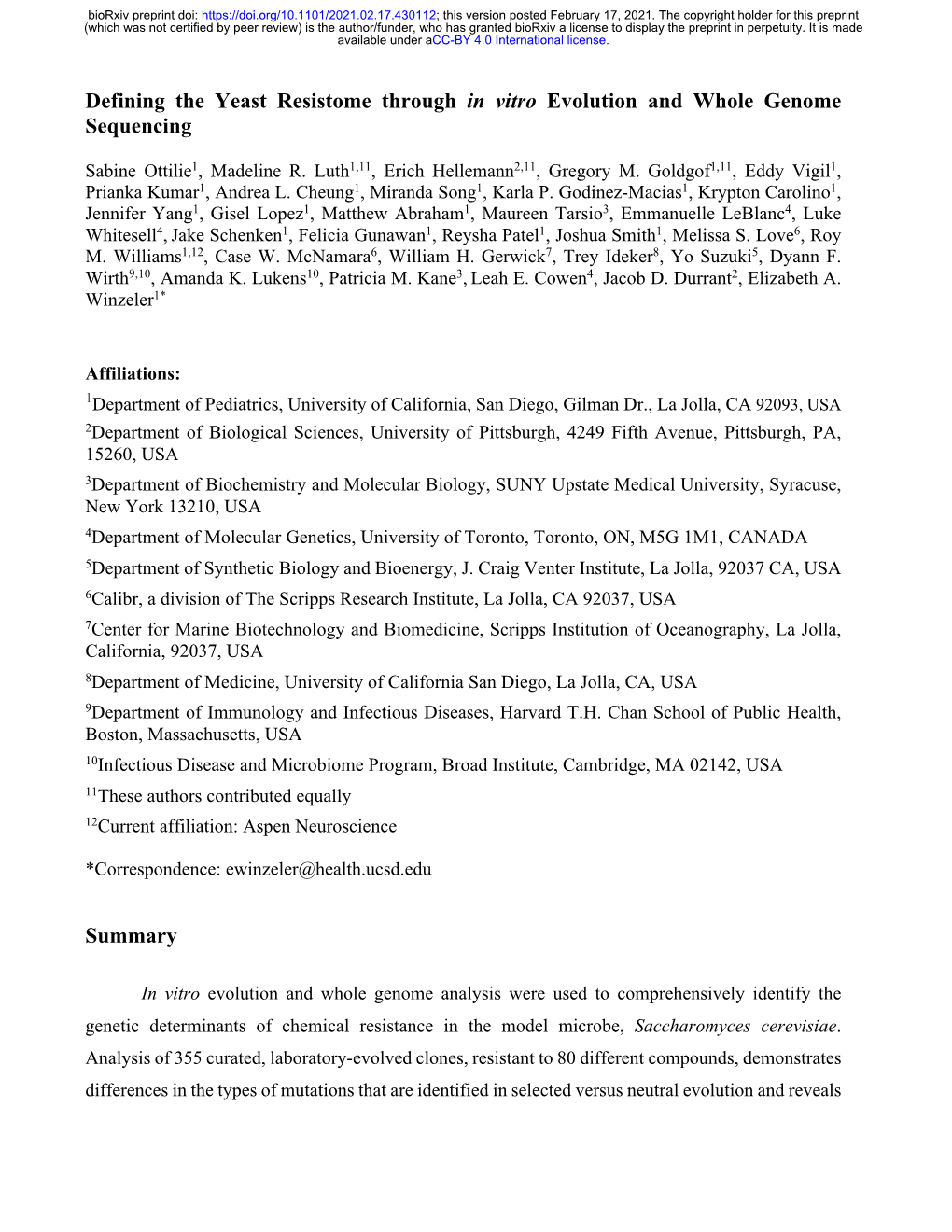 Defining the Yeast Resistome Through in Vitro Evolution and Whole Genome Sequencing