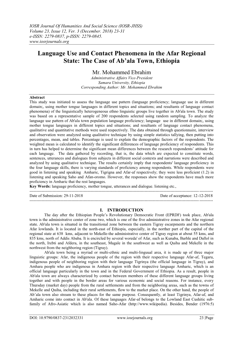 Language Use and Contact Phenomena in the Afar Regional State: the Case of Ab’Ala Town, Ethiopia