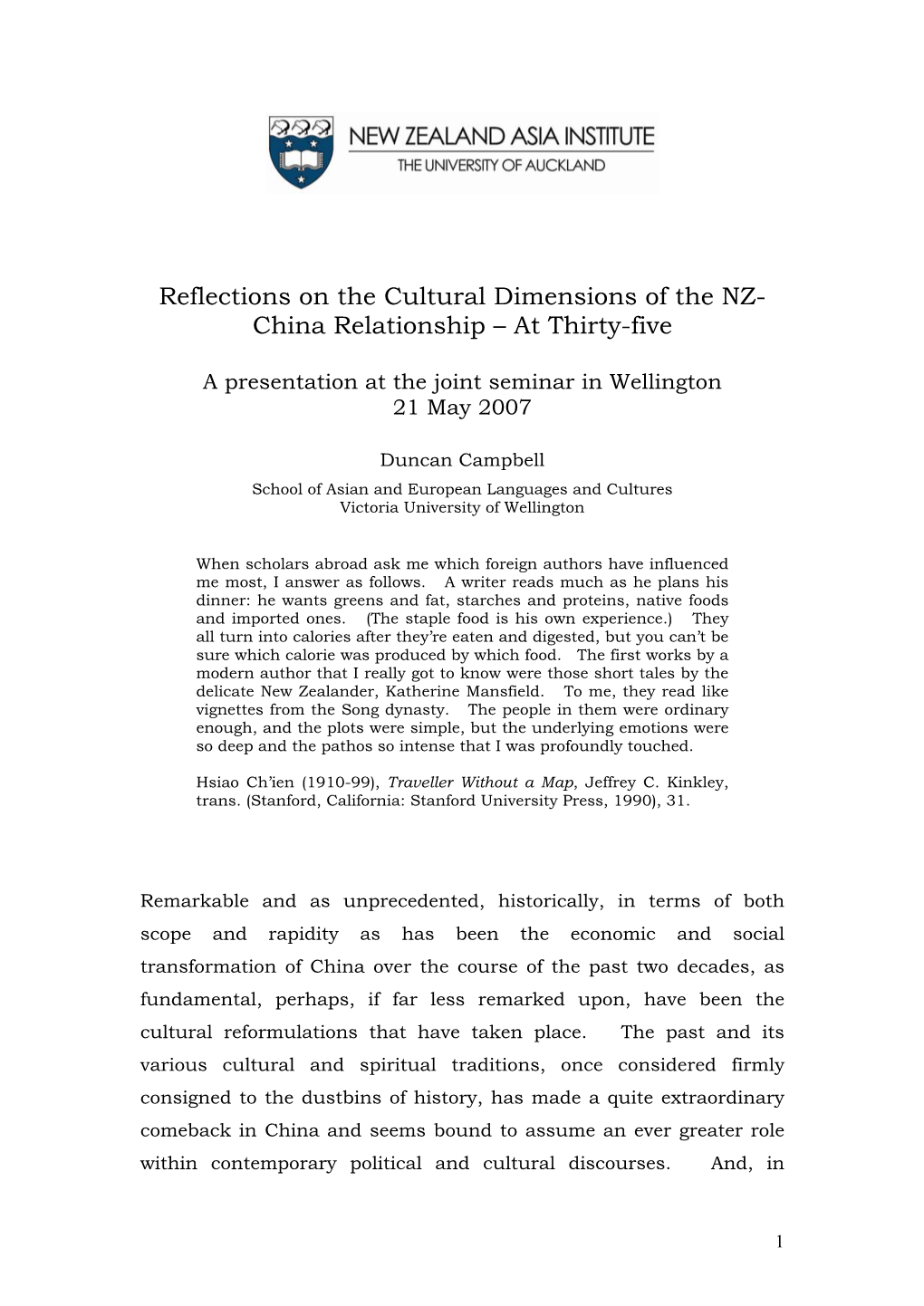 Reflections on the Cultural Dimensions of the NZ- China Relationship – at Thirty-Five