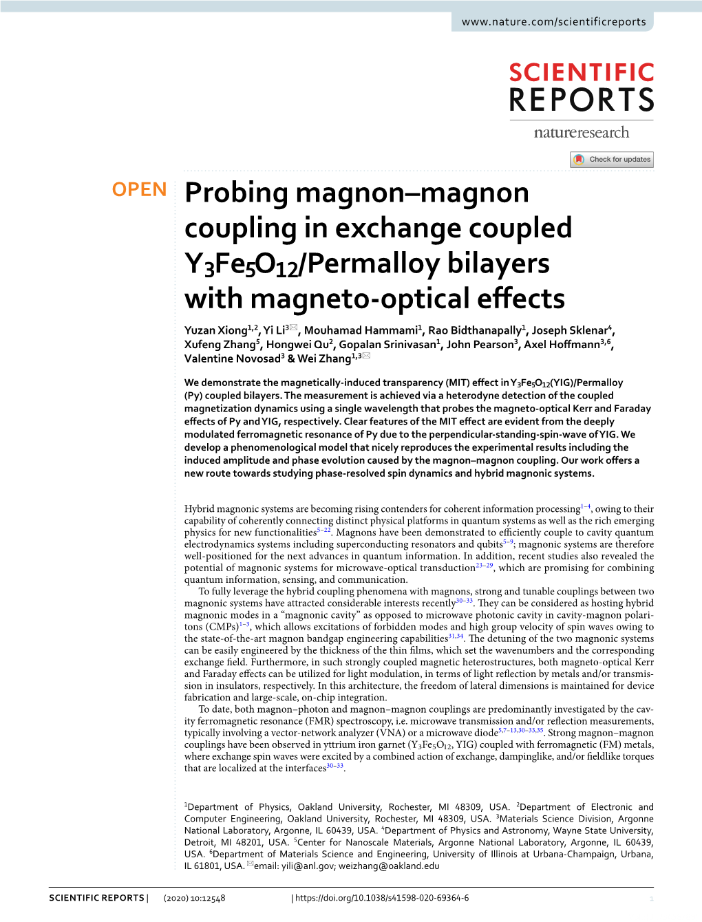 Probing Magnon–Magnon Coupling in Exchange Coupled Yfeo/Permalloy