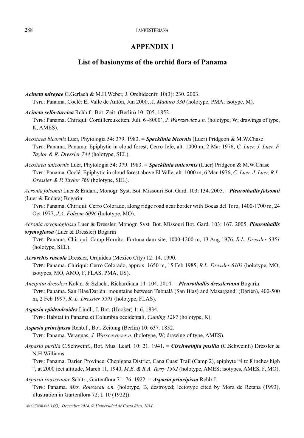 APPENDIX 1 List of Basionyms of the Orchid Flora of Panama