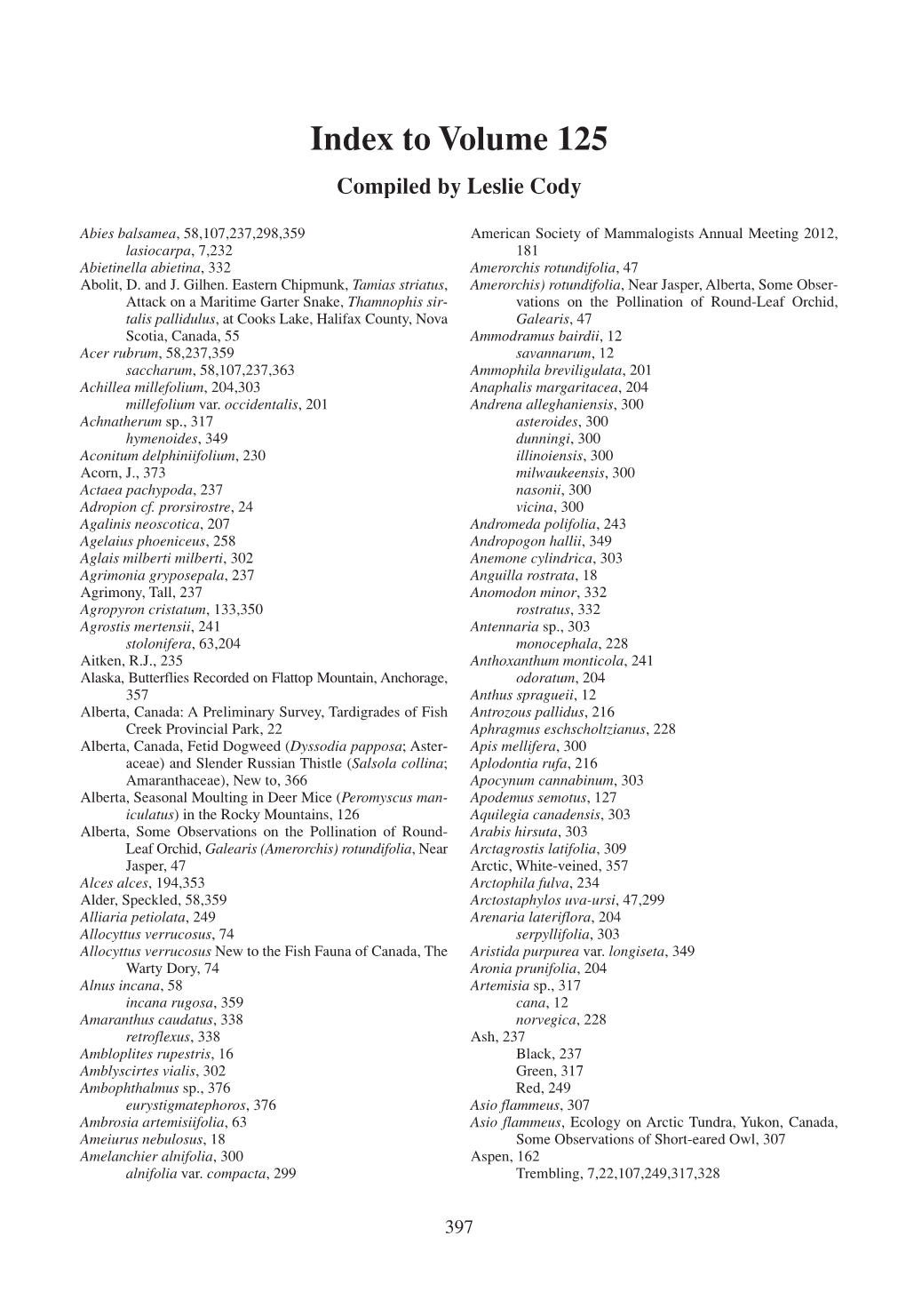 Index to Volume 125 Compiled by Leslie Cody