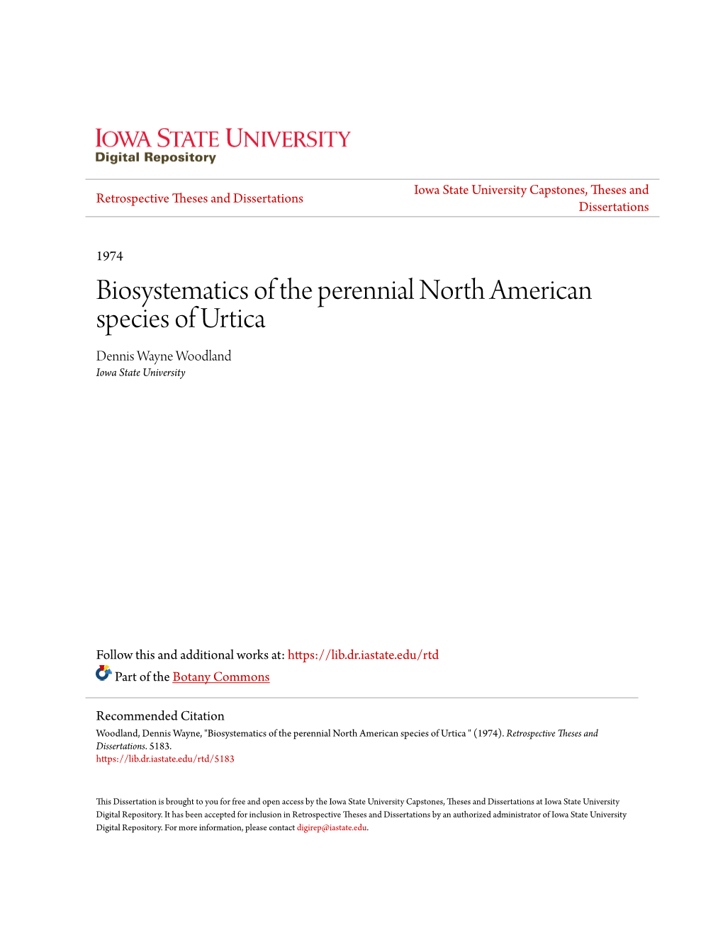 Biosystematics of the Perennial North American Species of Urtica Dennis Wayne Woodland Iowa State University
