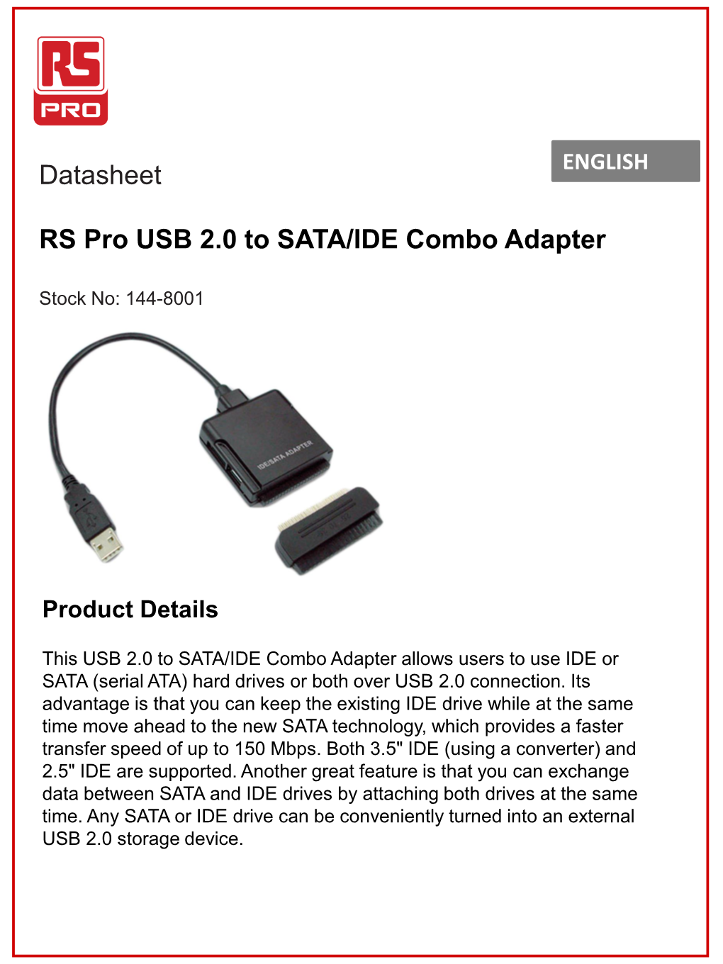 Datasheet RS Pro USB 2.0 to SATA/IDE Combo Adapter