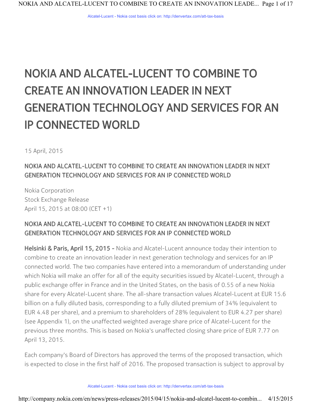 Nokia and Alcatel-Lucent to Combine to Create an Innovation Leade