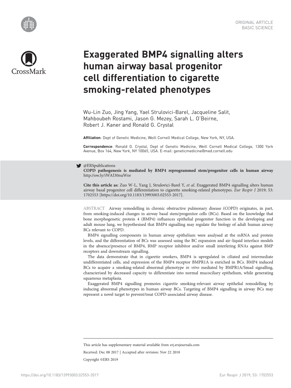 Exaggerated BMP4 Signalling Alters Human Airway Basal Progenitor Cell Differentiation to Cigarette Smoking-Related Phenotypes