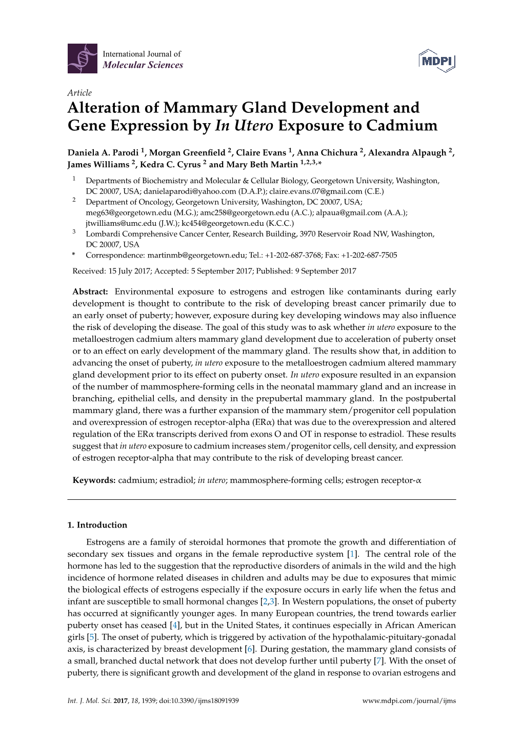 Alteration of Mammary Gland Development and Gene Expression by in Utero Exposure to Cadmium