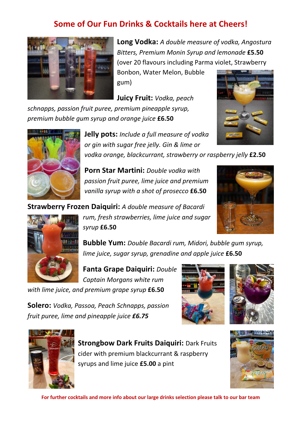 Some of Our Fun Drinks & Cocktails Here at Cheers!
