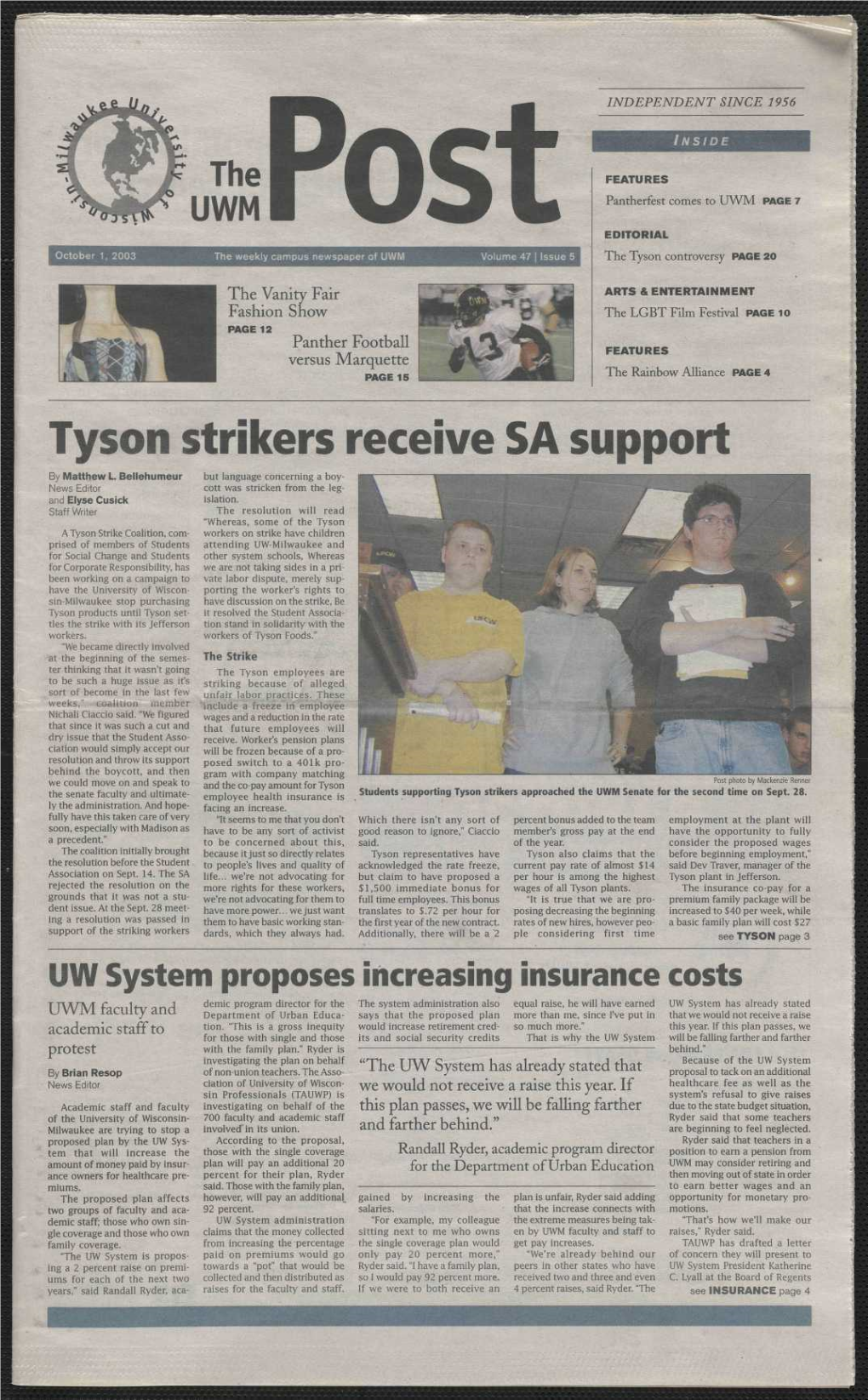Tyson Strikers Receive SA Support by Matthew L Bellehumeur but Language Concerning a Boy­ News Editor Cott Was Stricken from the Leg­ and Elyse Cusick Islation