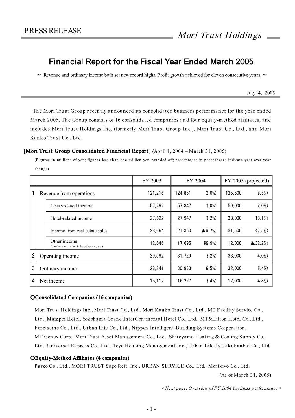 Mori Trust Group Financial Report for the Fiscal Year Ended March 2005