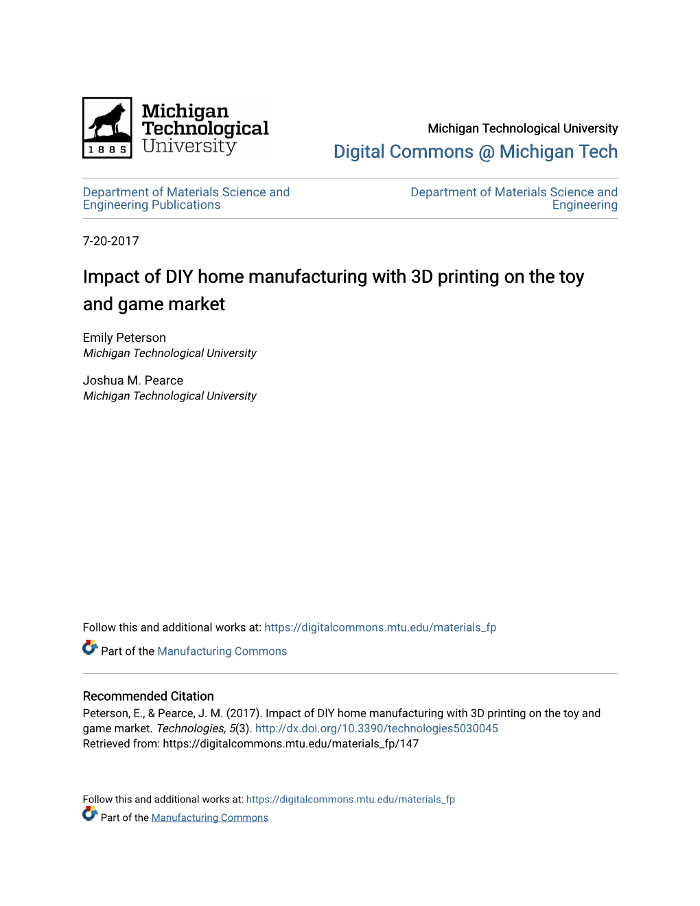 Impact of DIY Home Manufacturing with 3D Printing on the Toy and Game Market