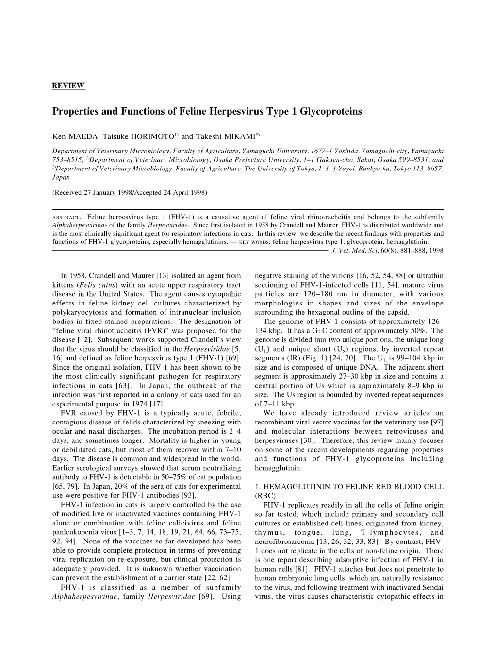 Properties and Functions of Feline Herpesvirus Type 1 Glycoproteins