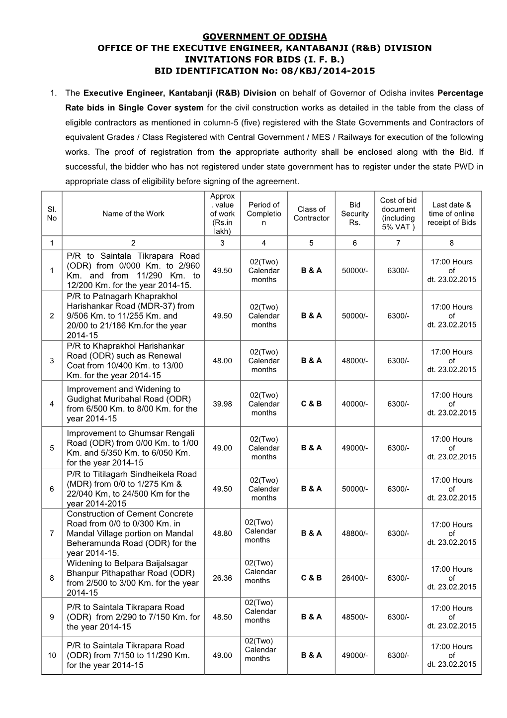 R&B) Division Invitations for Bids (Ifb