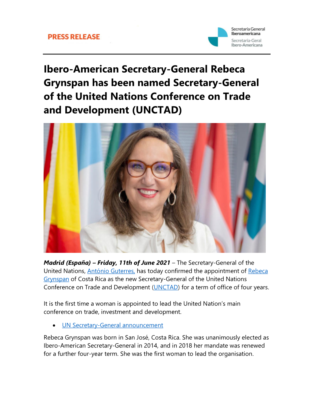 Ibero-American Secretary-General Rebeca Grynspan Has Been Named Secretary-General of the United Nations Conference on Trade and Development (UNCTAD)