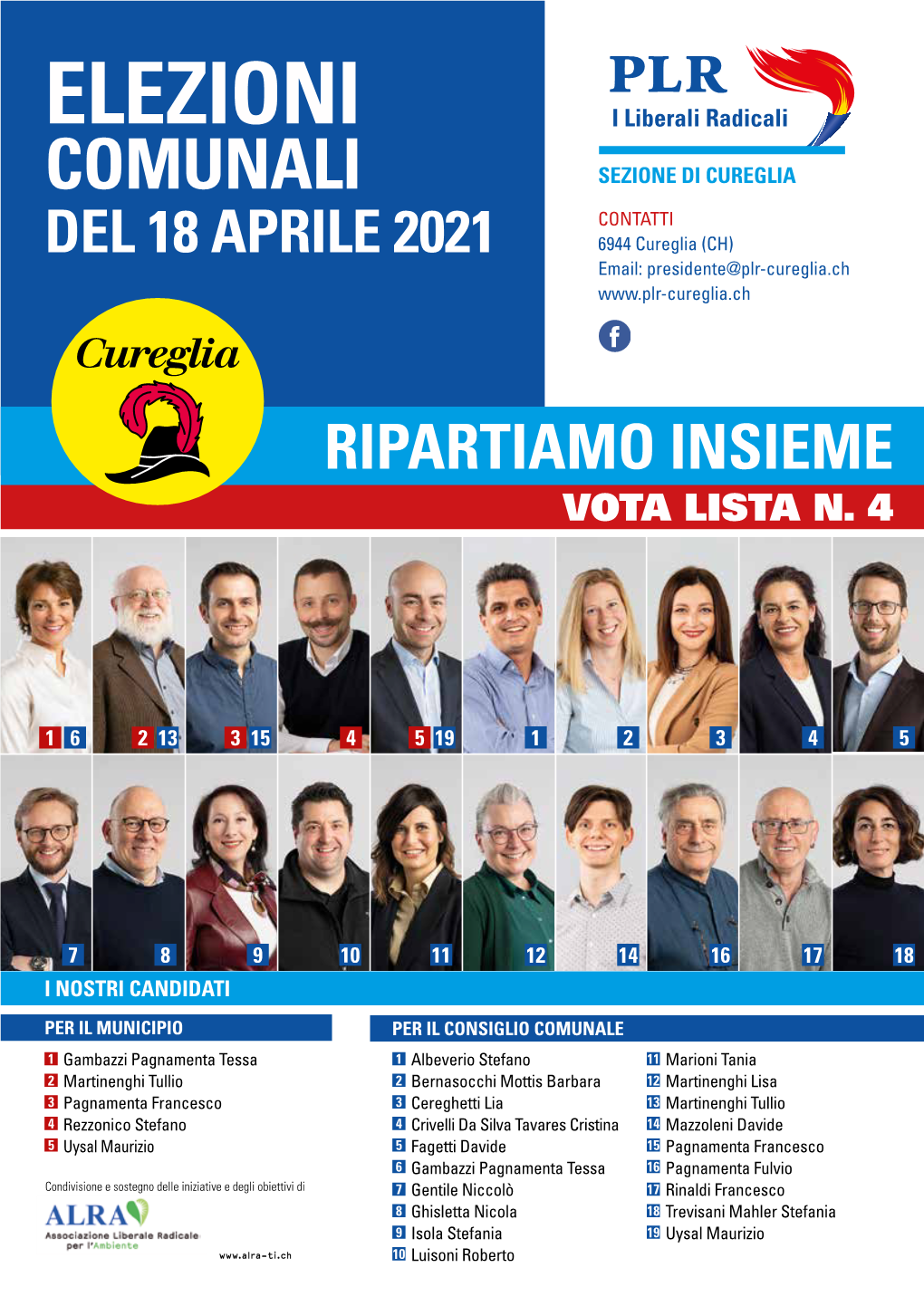 ELEZIONI COMUNALI SEZIONE DI CUREGLIA CONTATTI DEL 18 APRILE 2021 6944 Cureglia (CH) Email: Presidente@Plr-Cureglia.Ch