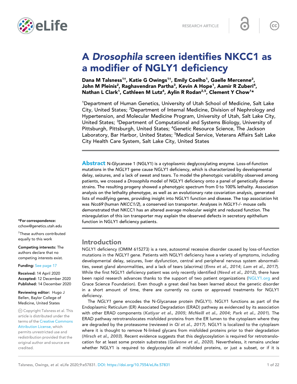A Drosophila Screen Identifies NKCC1 As a Modifier of NGLY1 Deficiency