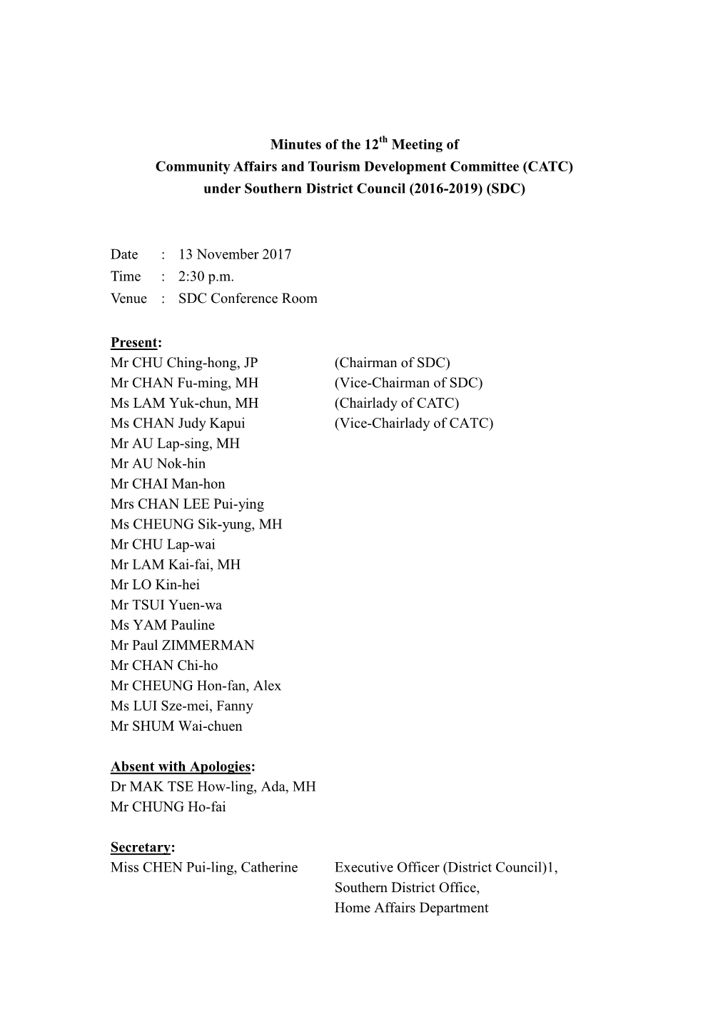 CATC 12Th Meeting Minutes (2016-2019)