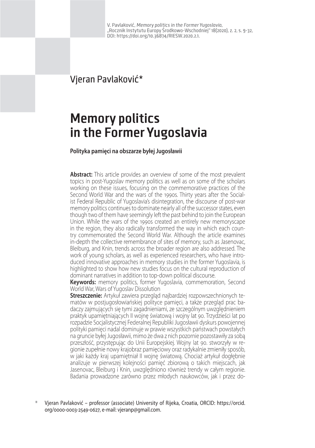 Memory Politics in the Former Yugoslavia, „Rocznik Instytutu Europy Środkowo-Wschodniej” 18(2020), Z