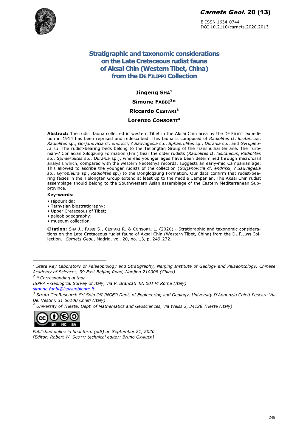 Stratigraphic and Taxonomic Considerations on the Late Cretaceous Rudist Fauna of Aksai Chin (Western Tibet, China) from the DE FILIPPI Collection