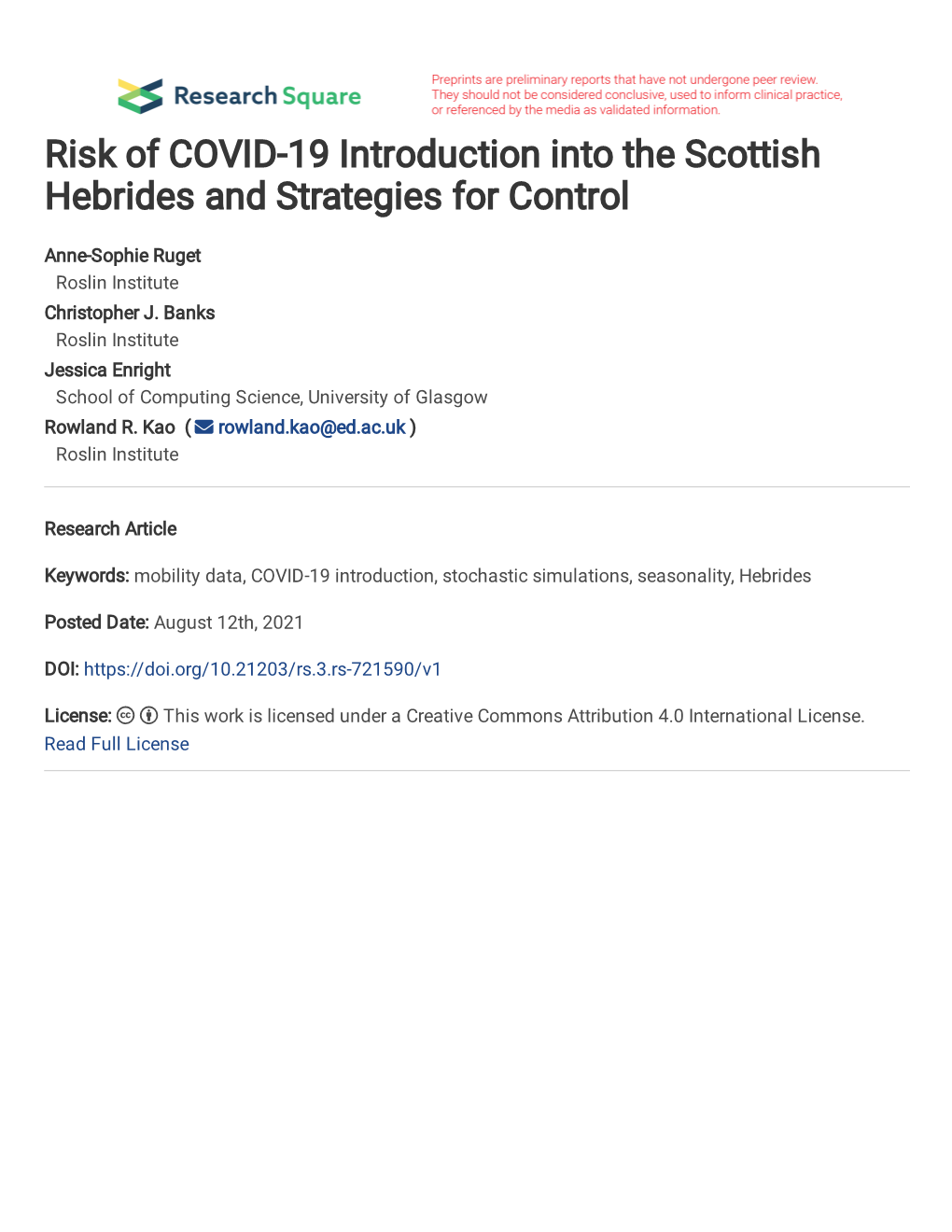 Risk of COVID-19 Introduction Into the Scottish Hebrides and Strategies for Control