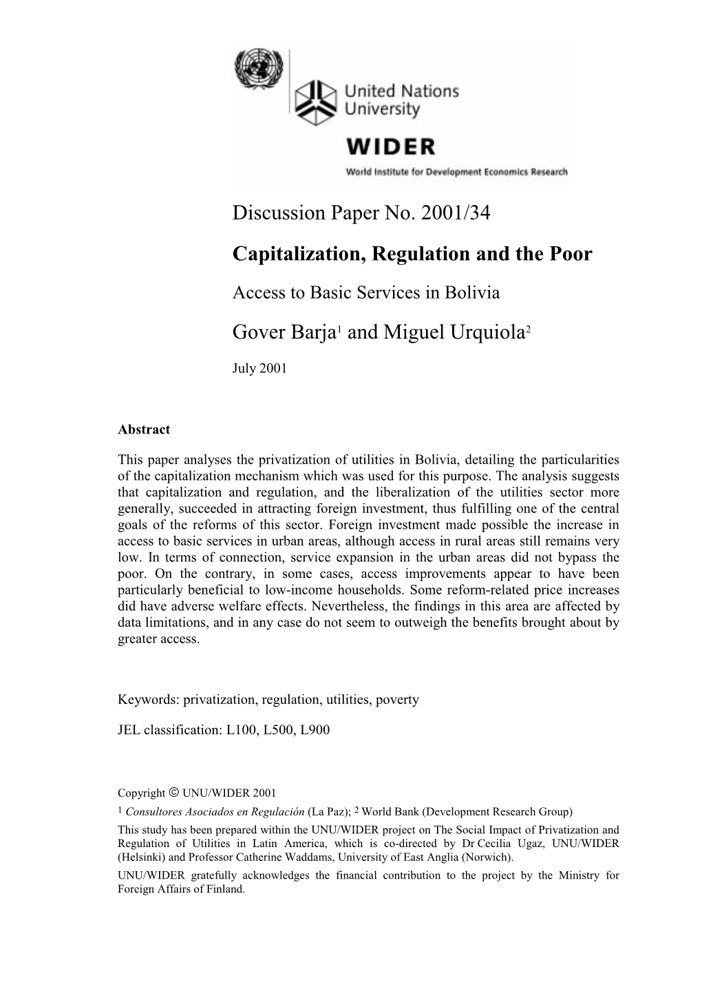 Capitalization, Regulation and the Poor Access to Basic Services in Bolivia