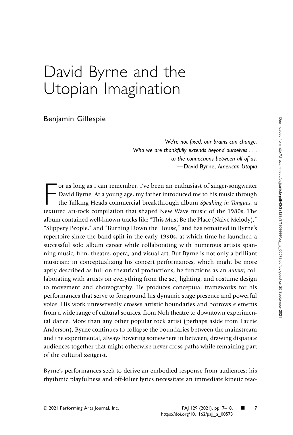 David Byrne and the Utopian Imagination