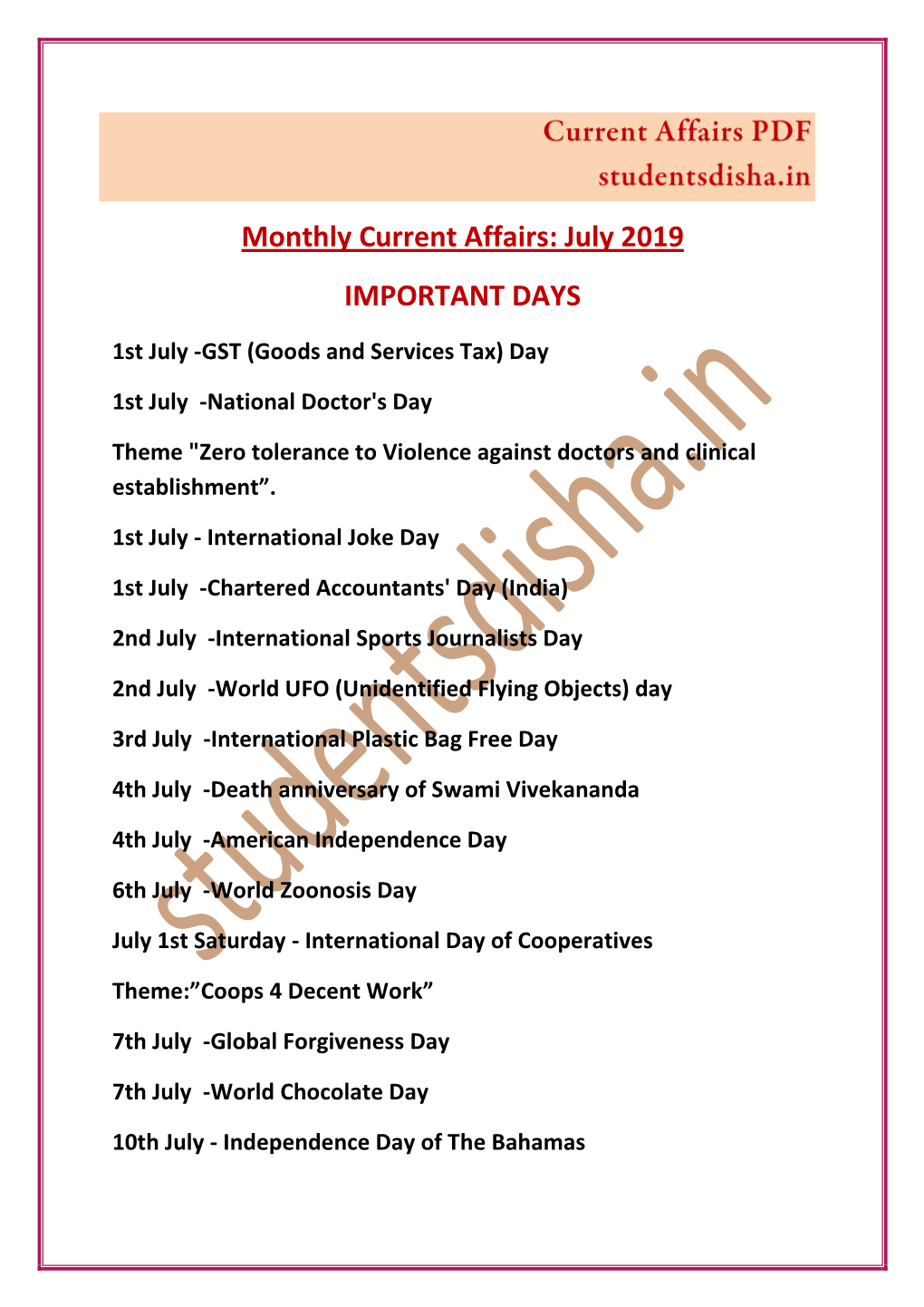 Monthly Current Affairs: July 2019 IMPORTANT DAYS