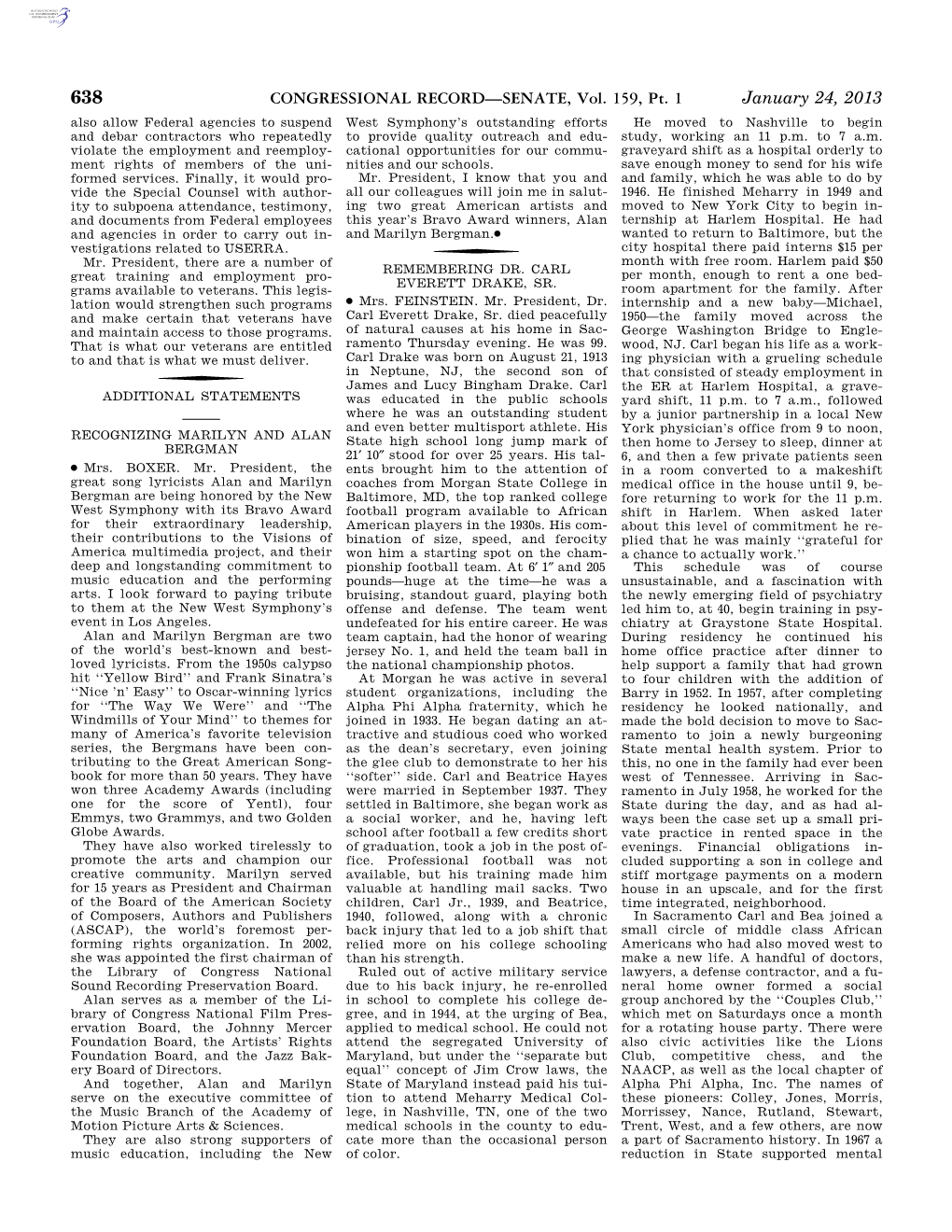 CONGRESSIONAL RECORD—SENATE, Vol. 159, Pt. 1 January