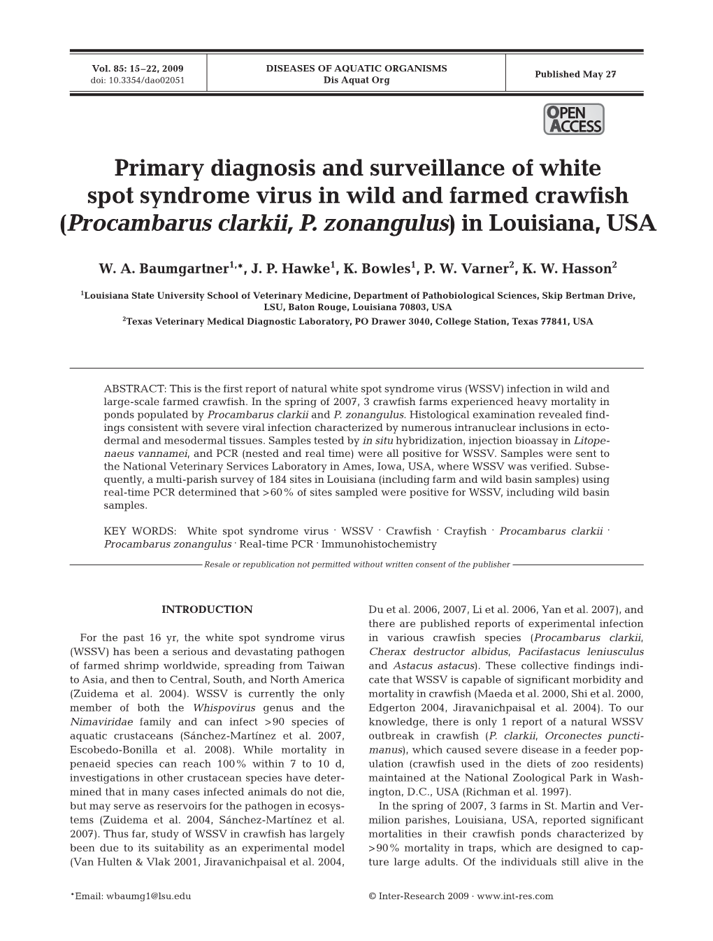 Primary Diagnosis and Surveillance of White Spot Syndrome Virus in Wild and Farmed Crawfish (Procambarus Clarkii, P