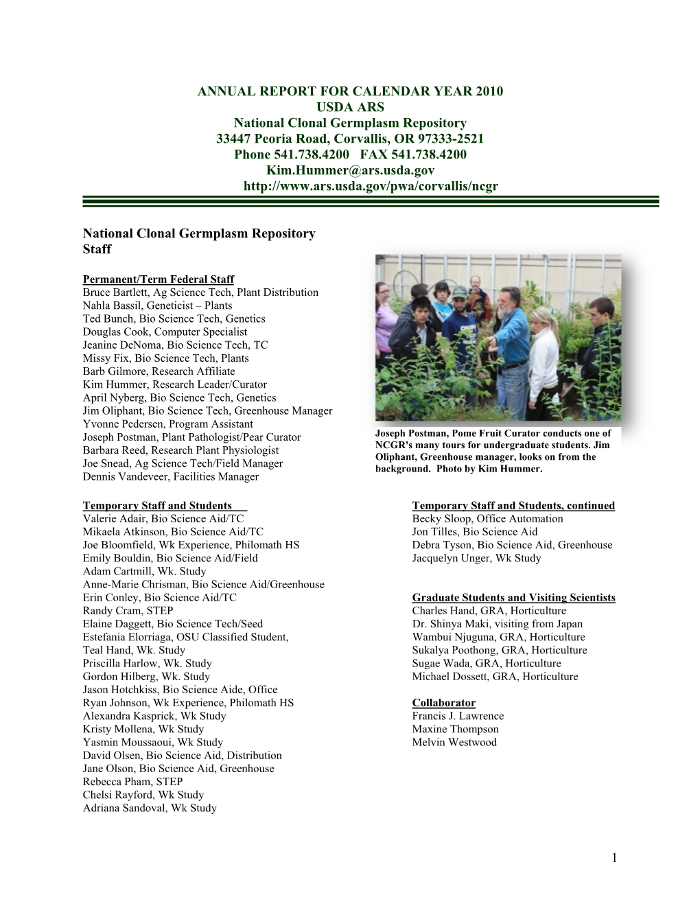 1 Annual Report for Calendar Year 2010 Usda