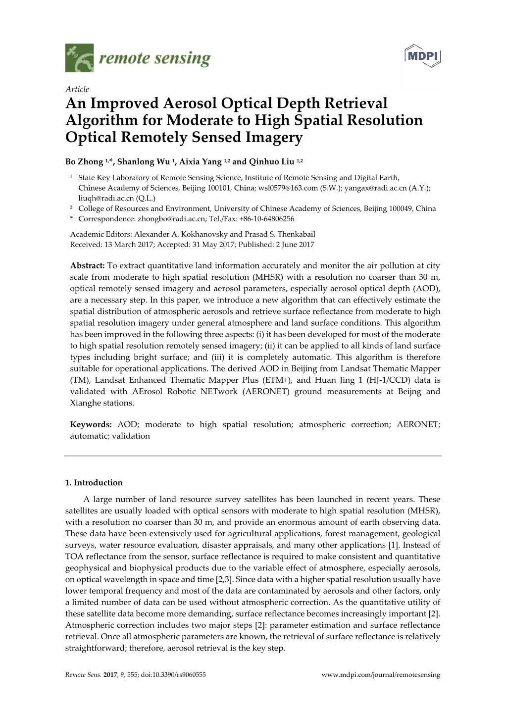 An Improved Aerosol Optical Depth Retrieval Algorithm for Moderate to High Spatial Resolution Optical Remotely Sensed Imagery