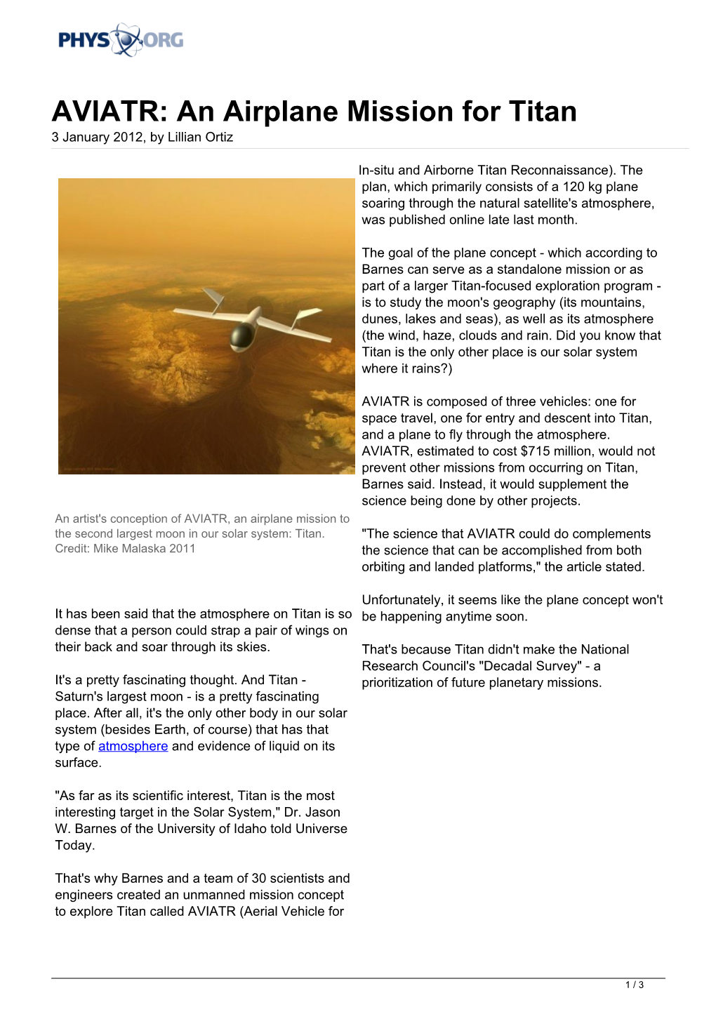 AVIATR: an Airplane Mission for Titan 3 January 2012, by Lillian Ortiz