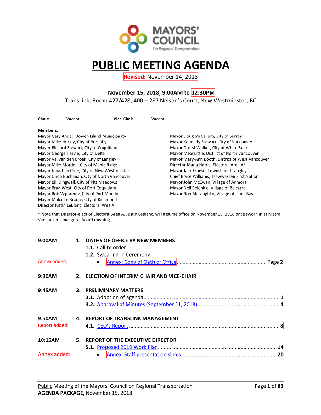 PUBLIC MEETING AGENDA Revised: November 14, 2018