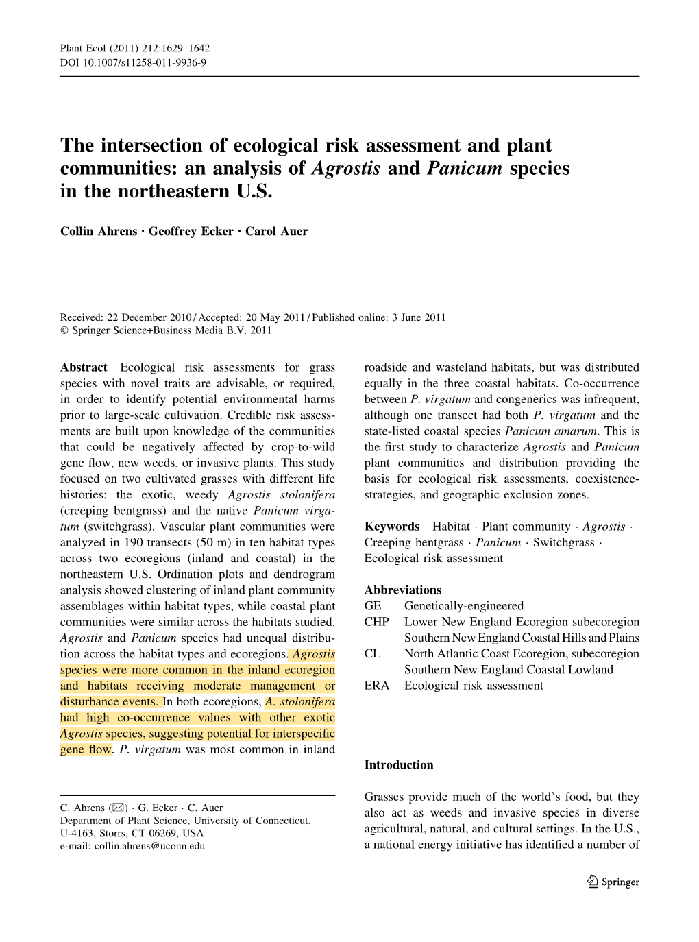 The Intersection of Ecological Risk Assessment and Plant Communities: an Analysis of Agrostis and Panicum Species in the Northeastern U.S